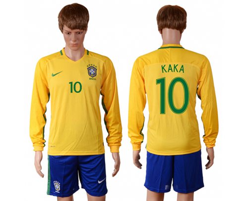 Brazil #10 Kaka Home Long Sleeves Soccer Country Jersey - Click Image to Close